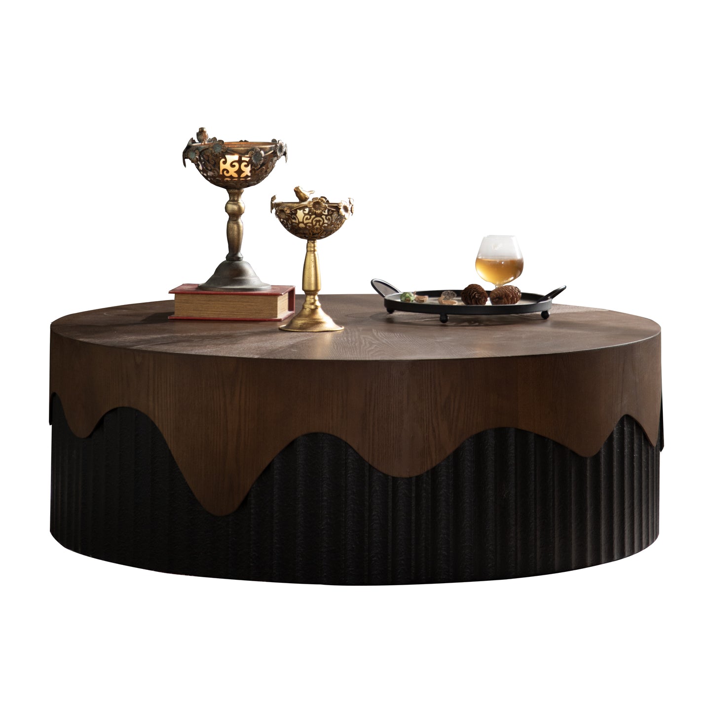 38.97' Round Coffee Table Handcrafted Relief Sturdy Pedestal Wooden Tea Table for Living Room no need to Assemble