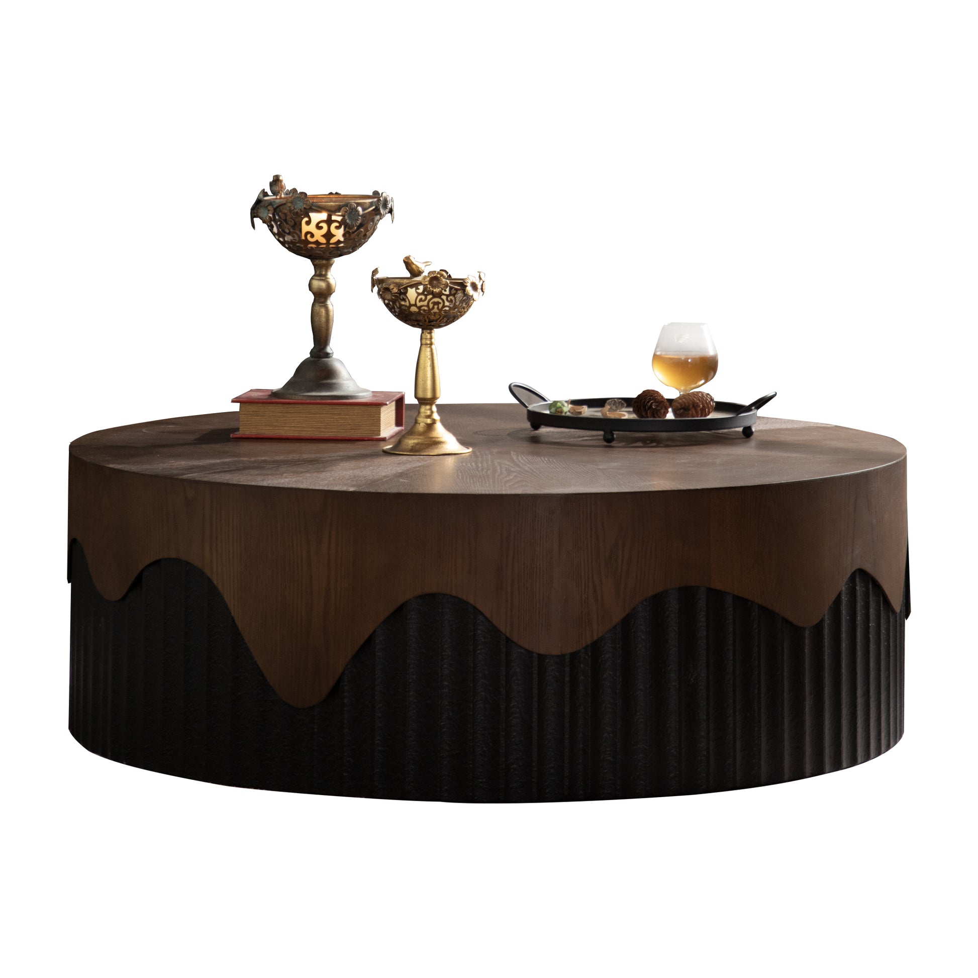 38.97' Round Coffee Table Handcrafted Relief Sturdy Pedestal Wooden Tea Table for Living Room no need to Assemble