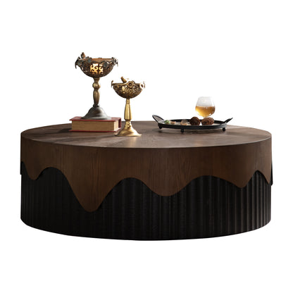 38.97' Round Coffee Table Handcrafted Relief Sturdy Pedestal Wooden Tea Table for Living Room no need to Assemble