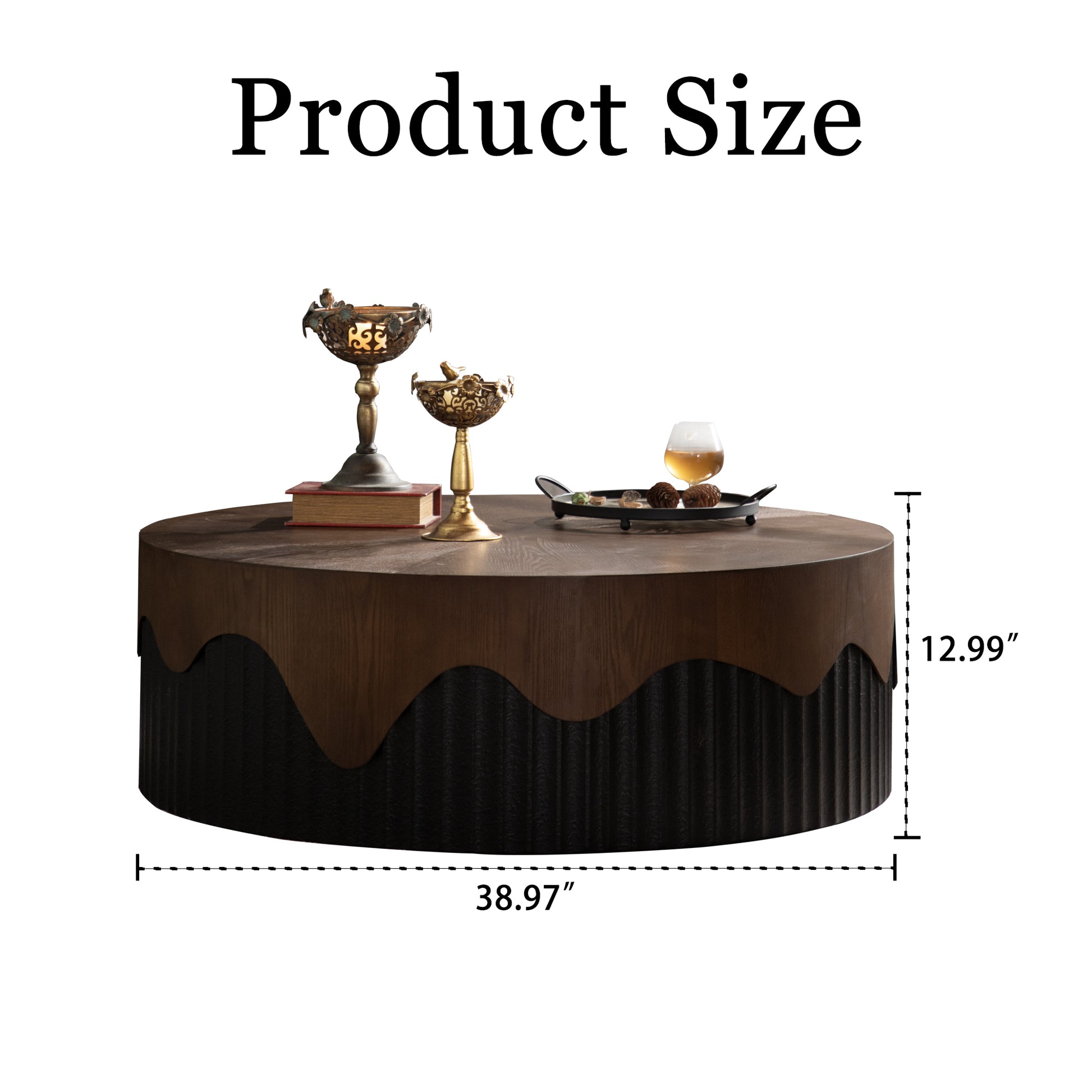 38.97' Round Coffee Table Handcrafted Relief Sturdy Pedestal Wooden Tea Table for Living Room no need to Assemble