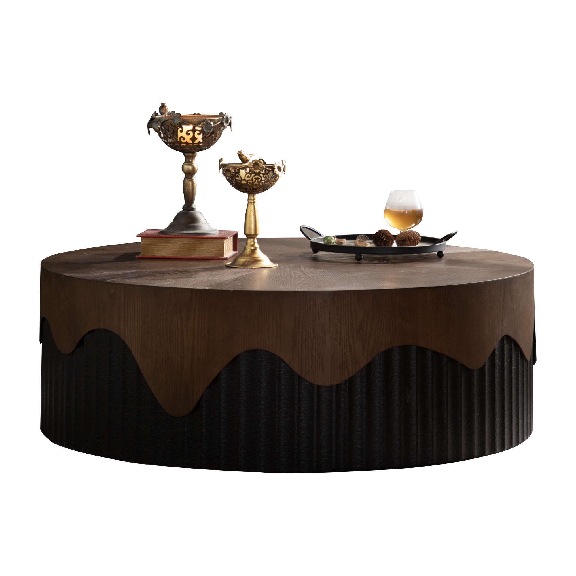 38.97' Round Coffee Table Handcrafted Relief Sturdy Pedestal Wooden Tea Table for Living Room no need to Assemble