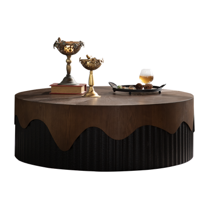 38.97' Round Coffee Table Handcrafted Relief Sturdy Pedestal Wooden Tea Table for Living Room no need to Assemble