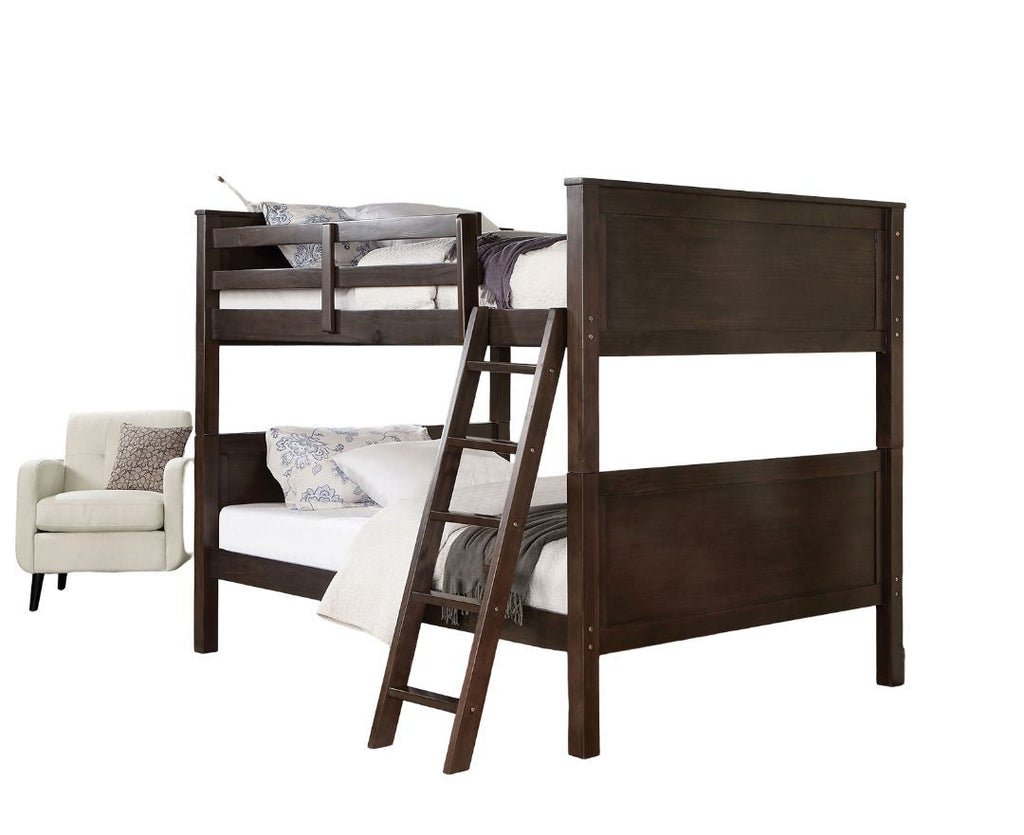 Transitional Style Full Over Full Bunk Bed With Footboard Ladder, Walnut