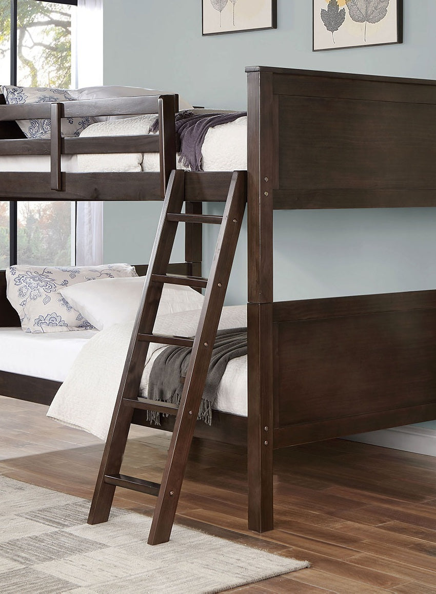 Transitional Style Full Over Full Bunk Bed With Footboard Ladder, Walnut