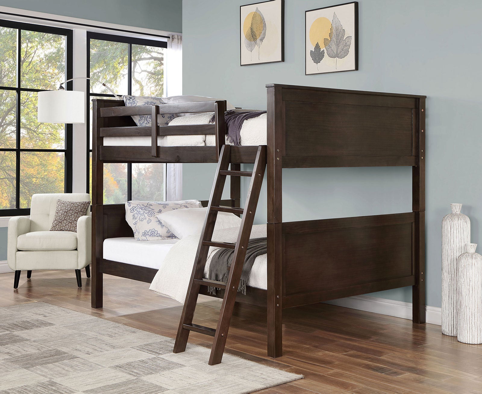 Transitional Style Full Over Full Bunk Bed With Footboard Ladder, Walnut