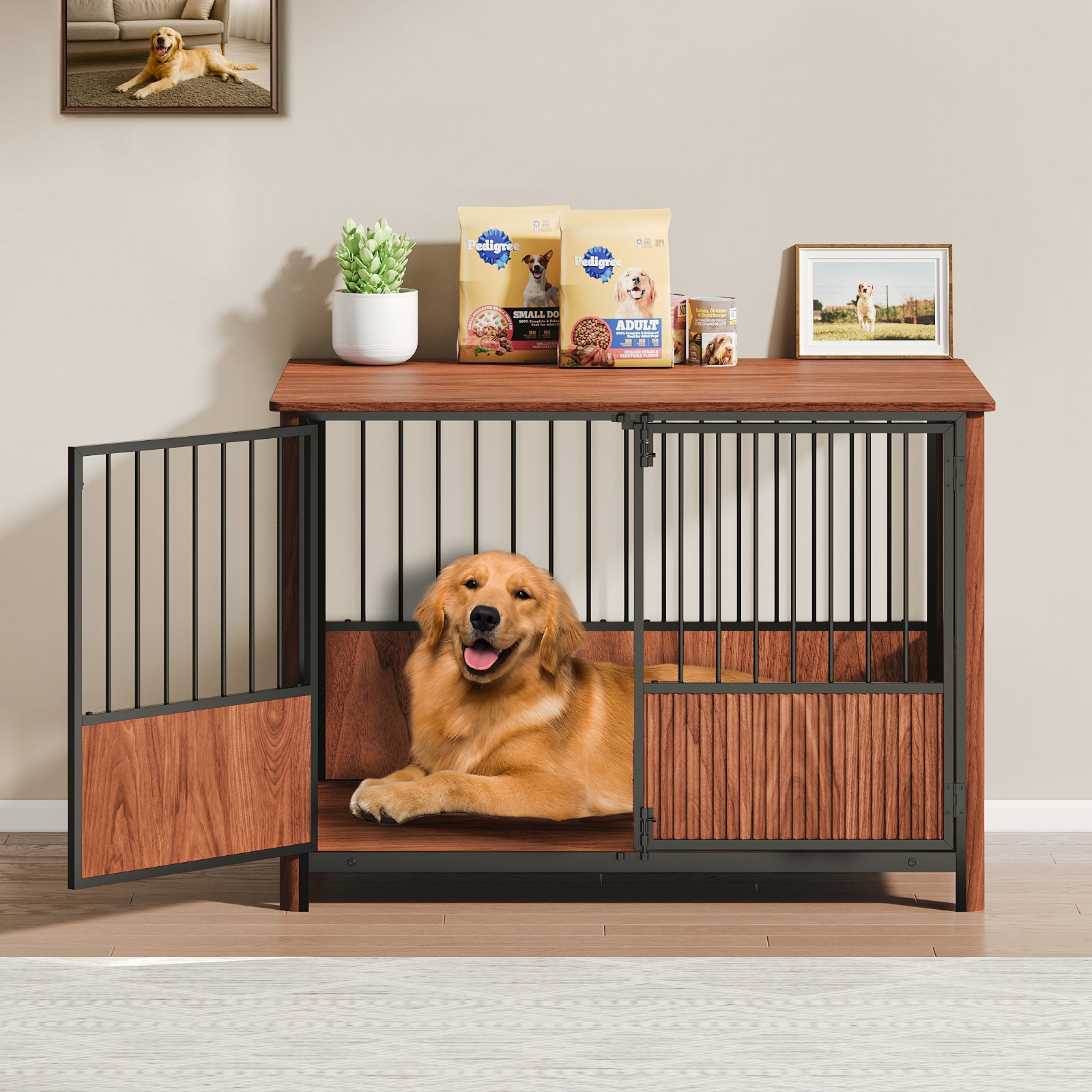 43 Walnut Fluted Wood Furniture Style Dog Crate for Large & Medium Dogs - Double Door Design, Decorative Pet House & Indoor Side End Table.
