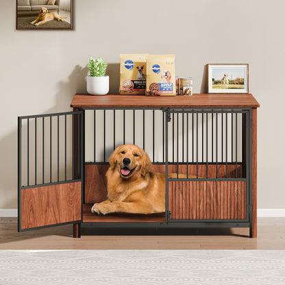 43 Walnut Fluted Wood Furniture Style Dog Crate for Large & Medium Dogs - Double Door Design, Decorative Pet House & Indoor Side End Table.