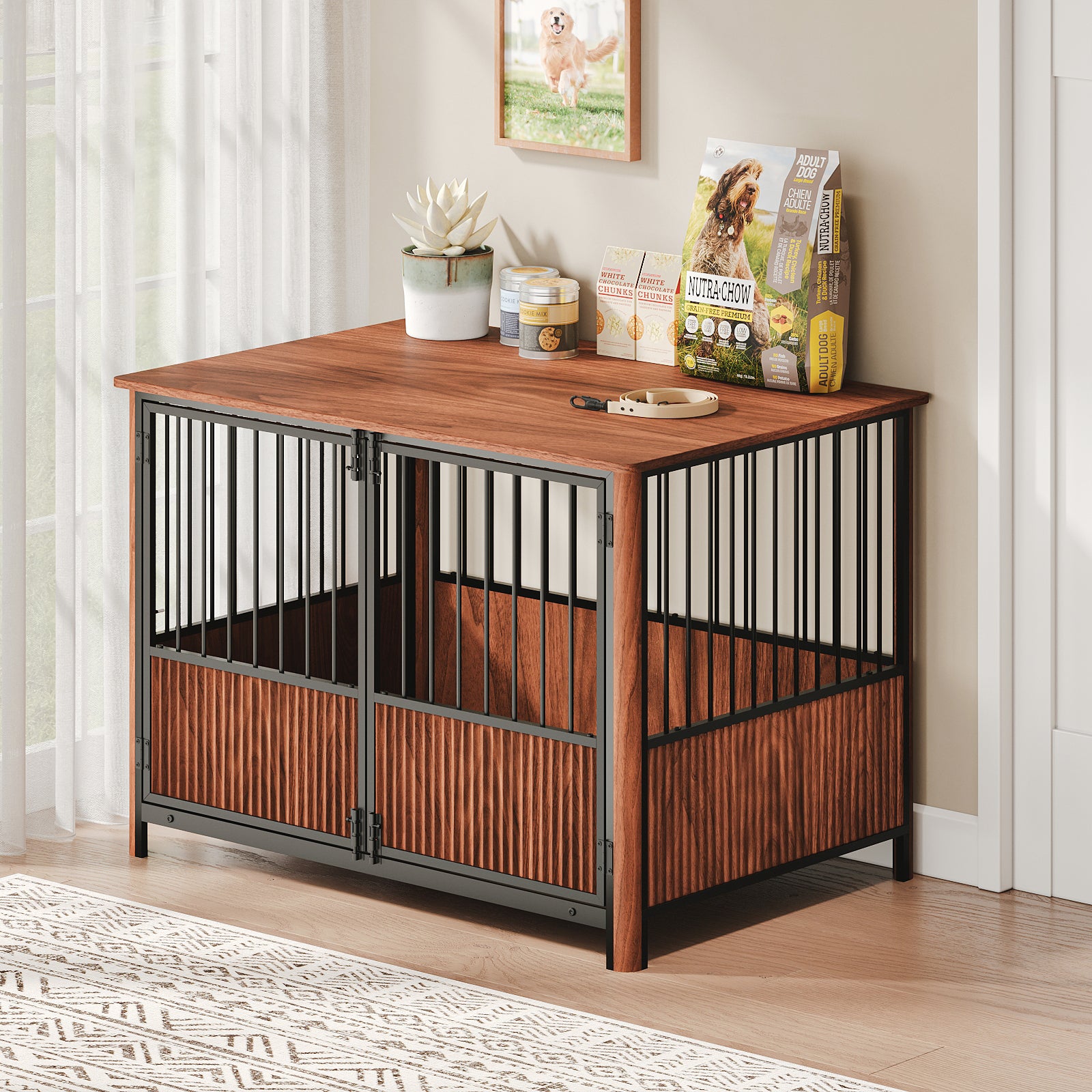 43 Walnut Fluted Wood Furniture Style Dog Crate for Large & Medium Dogs - Double Door Design, Decorative Pet House & Indoor Side End Table.