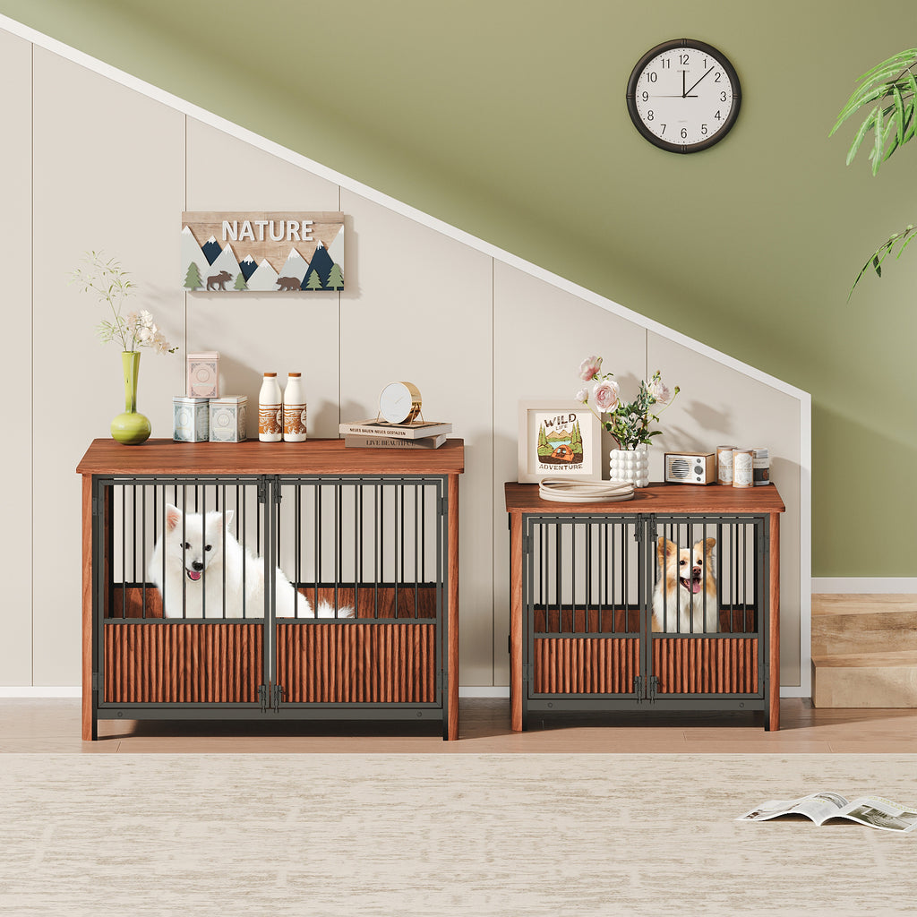 43 Walnut Fluted Wood Furniture Style Dog Crate for Large & Medium Dogs - Double Door Design, Decorative Pet House & Indoor Side End Table.