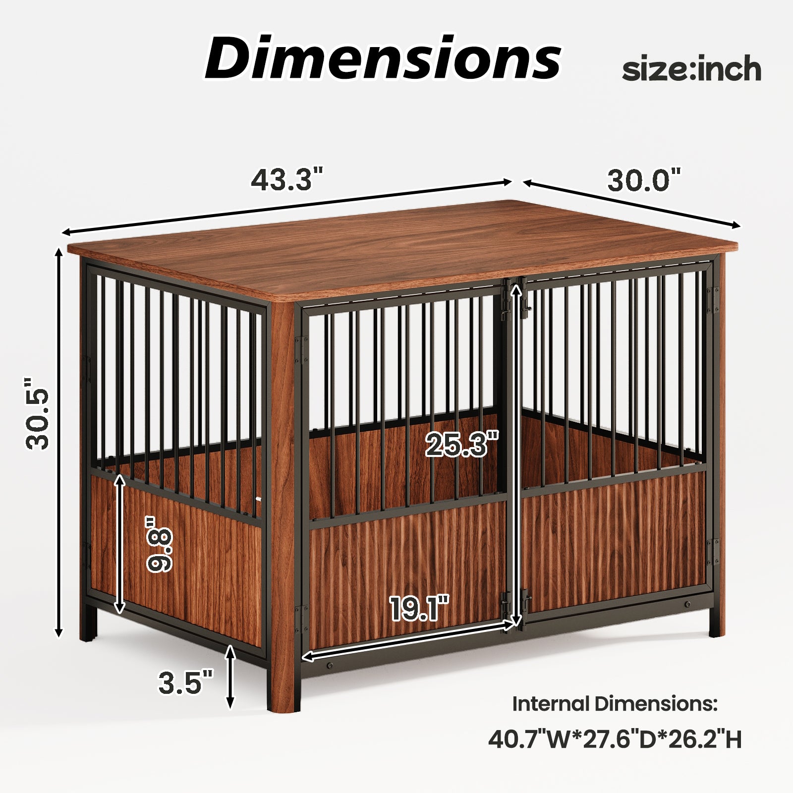 43 Walnut Fluted Wood Furniture Style Dog Crate for Large & Medium Dogs - Double Door Design, Decorative Pet House & Indoor Side End Table.