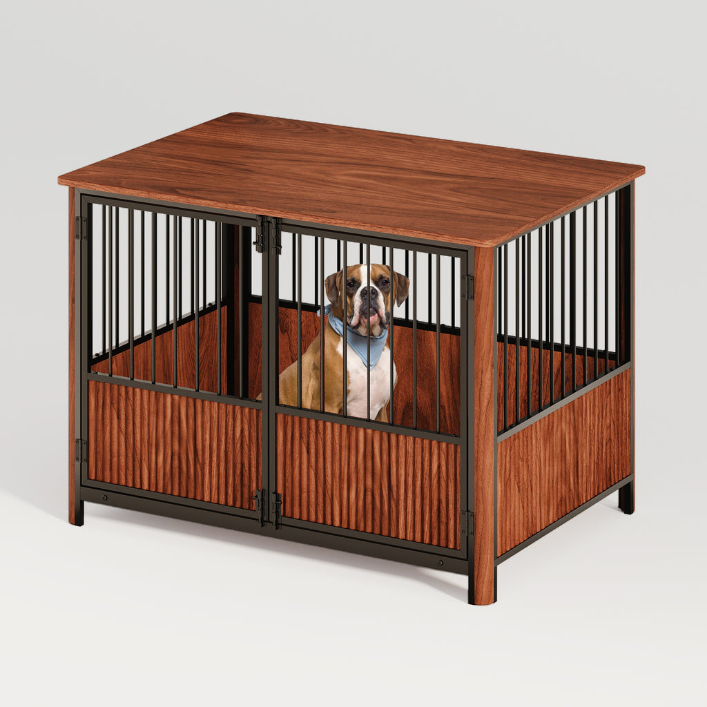 43 Walnut Fluted Wood Furniture Style Dog Crate for Large & Medium Dogs - Double Door Design, Decorative Pet House & Indoor Side End Table.