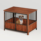 43 Walnut Fluted Wood Furniture Style Dog Crate for Large & Medium Dogs - Double Door Design, Decorative Pet House & Indoor Side End Table.