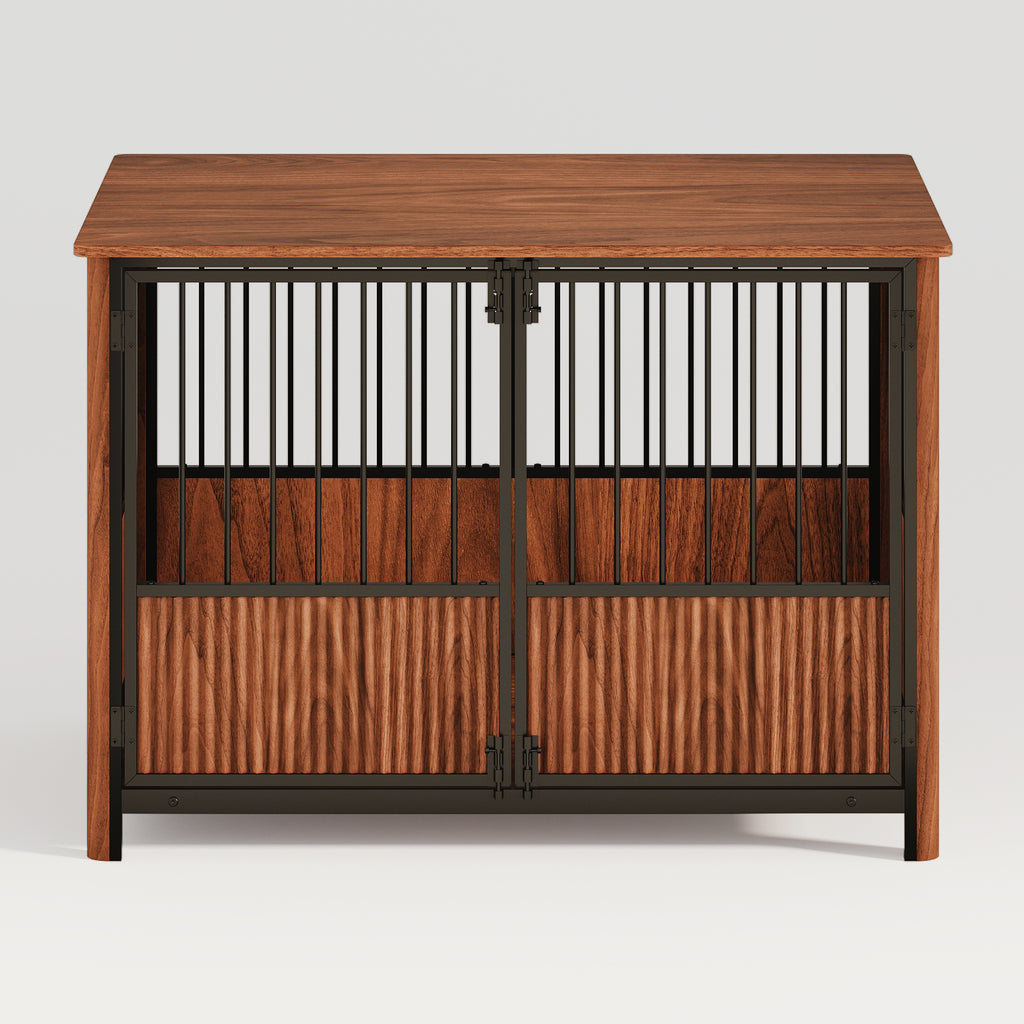 43 Walnut Fluted Wood Furniture Style Dog Crate for Large & Medium Dogs - Double Door Design, Decorative Pet House & Indoor Side End Table.