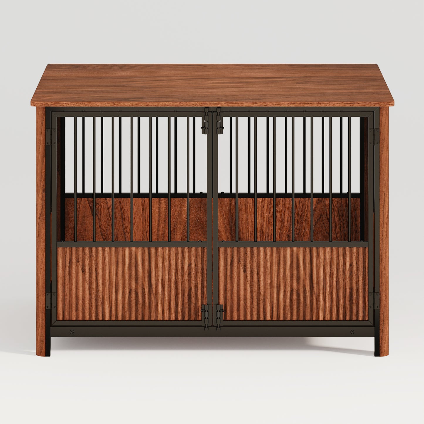 43 Walnut Fluted Wood Furniture Style Dog Crate for Large & Medium Dogs - Double Door Design, Decorative Pet House & Indoor Side End Table.