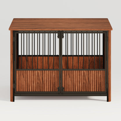 43 Walnut Fluted Wood Furniture Style Dog Crate for Large & Medium Dogs - Double Door Design, Decorative Pet House & Indoor Side End Table.