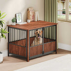 43 Walnut Fluted Wood Furniture Style Dog Crate for Large & Medium Dogs - Double Door Design, Decorative Pet House & Indoor Side End Table.