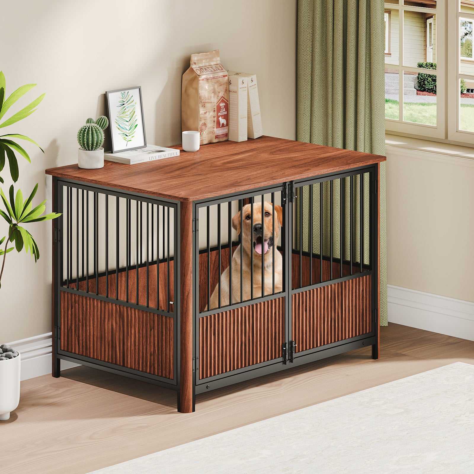 43 Walnut Fluted Wood Furniture Style Dog Crate for Large & Medium Dogs - Double Door Design, Decorative Pet House & Indoor Side End Table.