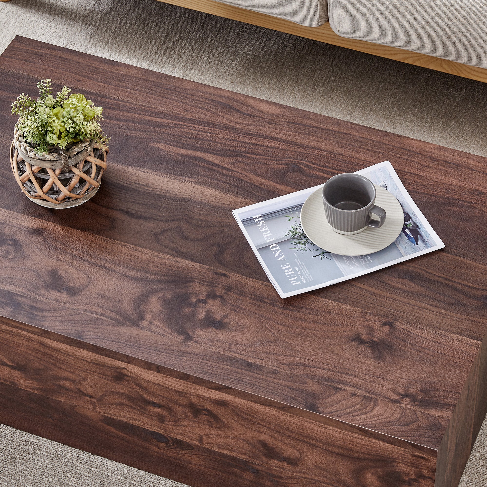 39.3*23.6*12 Inch Walnut Wood Grain MDF Coffee Table - Luxurious Design, Perfect Living Room Accent.Fashion texture design coffee table, suitable for various situations and scenes.W1151P231619 Coffee Table