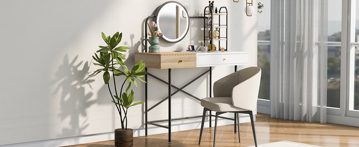 GO 40" Makeup Vanity Desk with 3-Mode Lighted Mirror & Wireless Charging Station , Vanity Table with Drawer & 3 Open Shelves for Ample Storage Space, Dressing Table for Bedroom, White