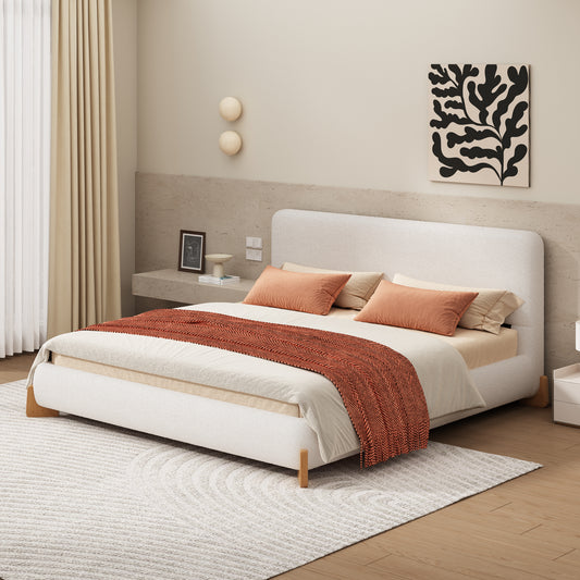 Elegant Boucle Upholstered Bed, A Luxurious and Comfortable Bedroom Centerpiece, King Size, White Bed Frame