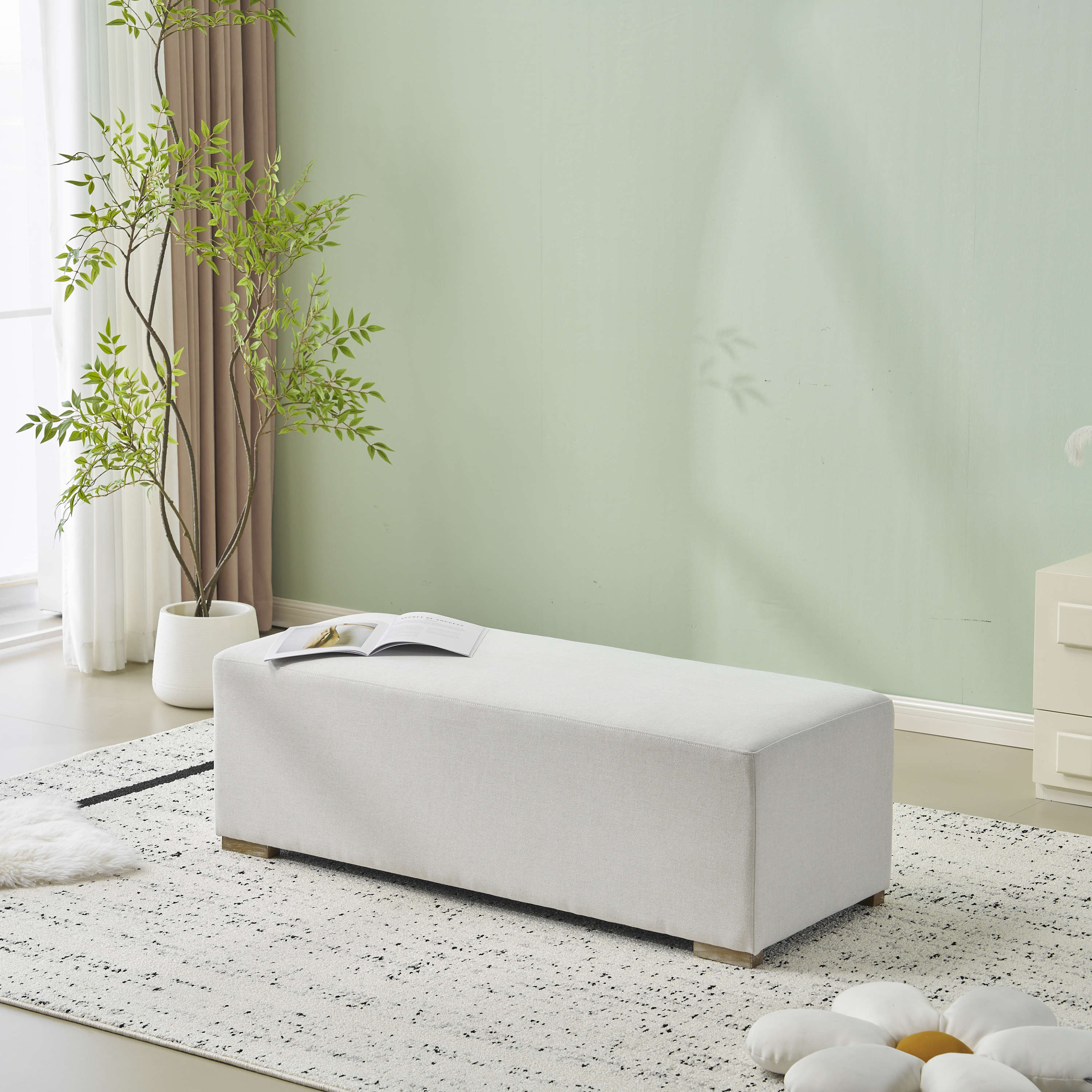 Simple White Long Ottoman, Practical Furniture for Living Room and Bedroom