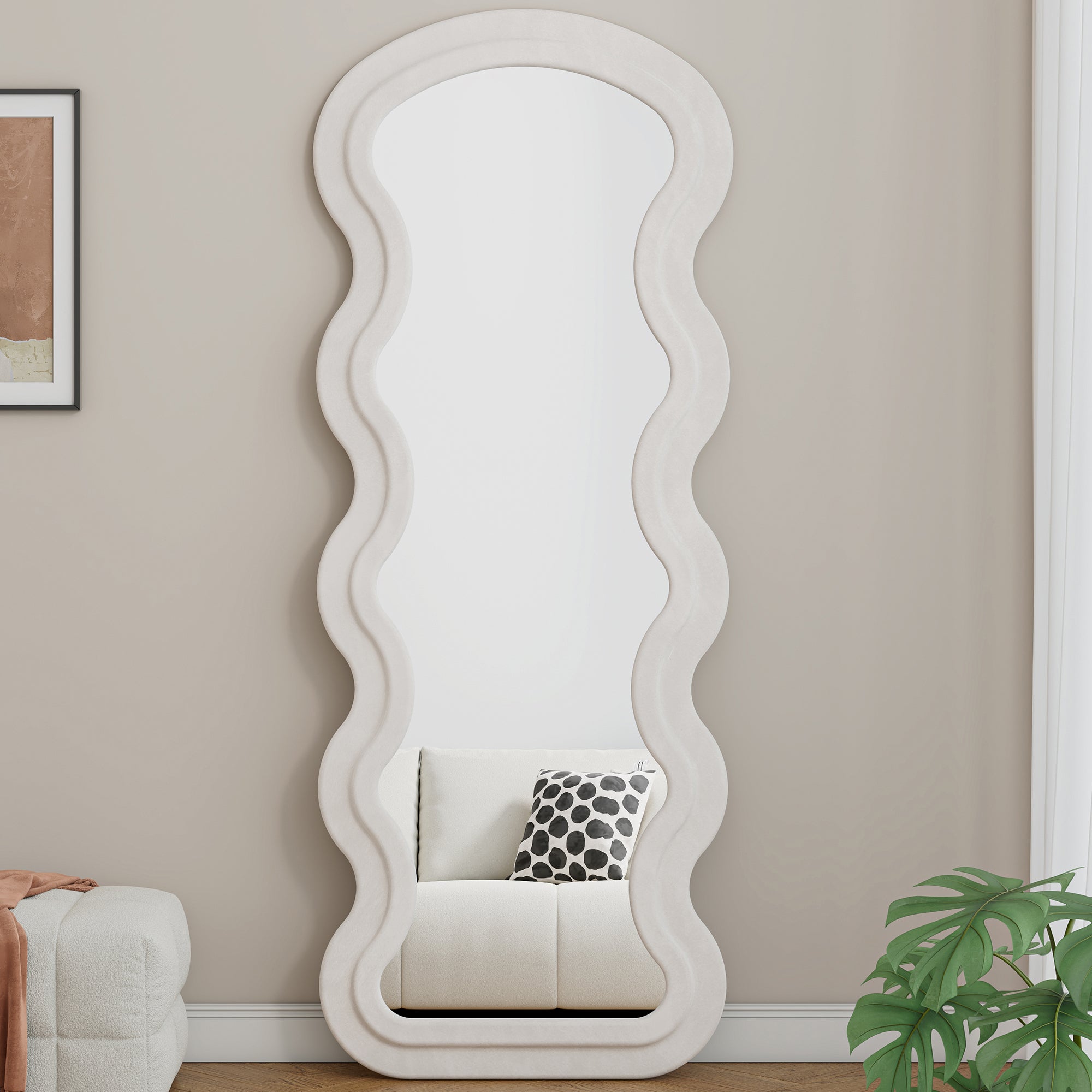 Flannel Full Length Wave Floor Mirror for Bedroom living room Hanging or Against The Wall(white)