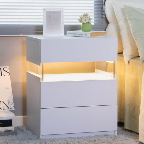 Elegant White LED 3-Drawer Bedside Table With Acrylic Board.