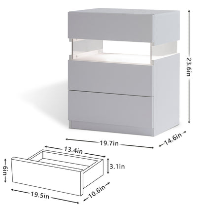 LED Nightstands 3 Drawer Dresser for Bedroom End Table with Acrylic Board LED Bedside Tables for Bedroom Living Room Bedside Furniture (White)