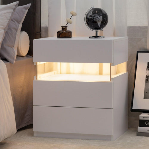 Elegant White LED 3-Drawer Bedside Table With Acrylic Board.