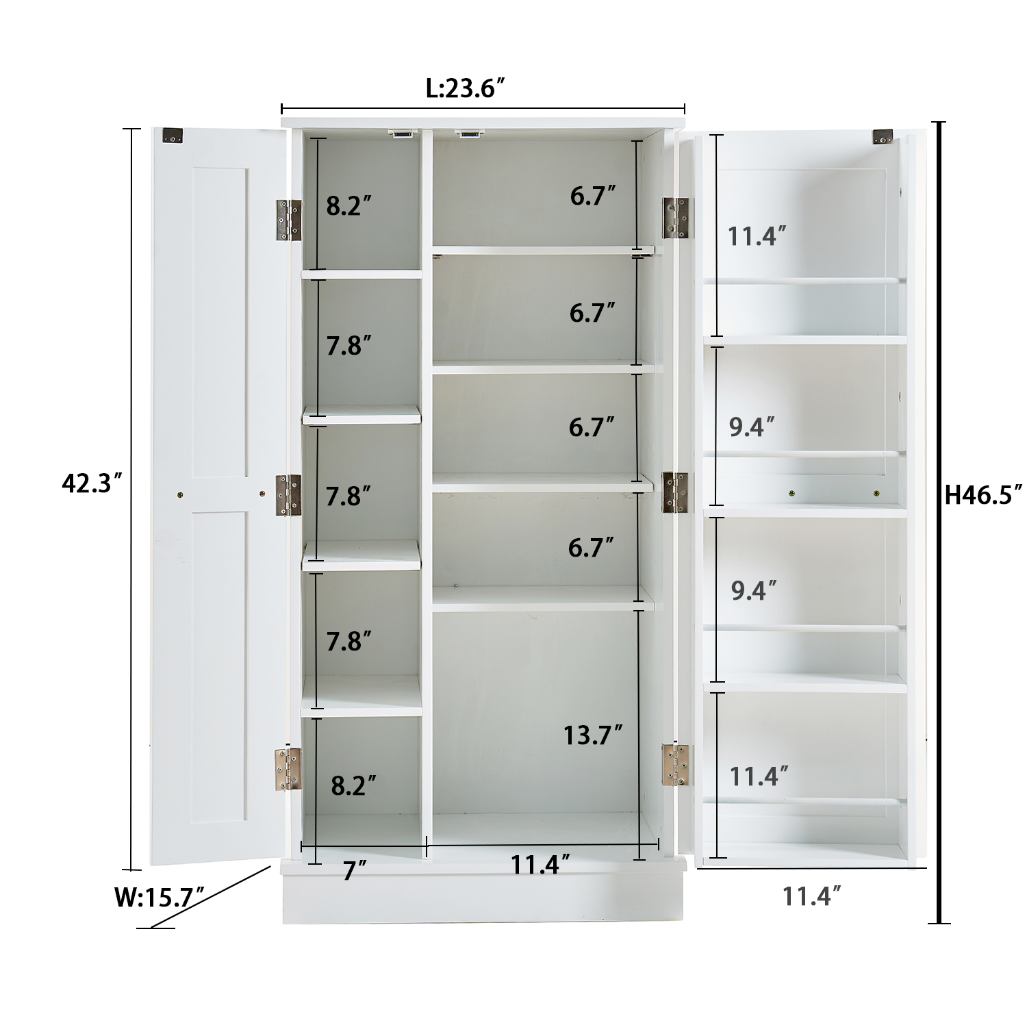 Elegant White MDF Kitchen Pantry with Adjustable Shelves.