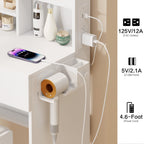 Full Body Mirror Cabinet + Round Mirror LED Vanity Table + Cushioned Stool, With 2 AC + 2 USB Power Station,17" diameter LED Mirror, Touch Control, 3-color, Brightness adjustable, Large desktop