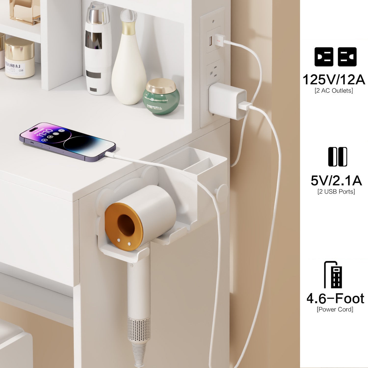 Full Body Mirror Cabinet + Round Mirror LED Vanity Table + Cushioned Stool, With 2 AC + 2 USB Power Station,17" diameter LED Mirror, Touch Control, 3-color, Brightness adjustable, Large desktop