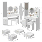 Full Body Mirror Cabinet + Round Mirror LED Vanity Table + Cushioned Stool, With 2 AC + 2 USB Power Station,17" diameter LED Mirror, Touch Control, 3-color, Brightness adjustable, Large desktop