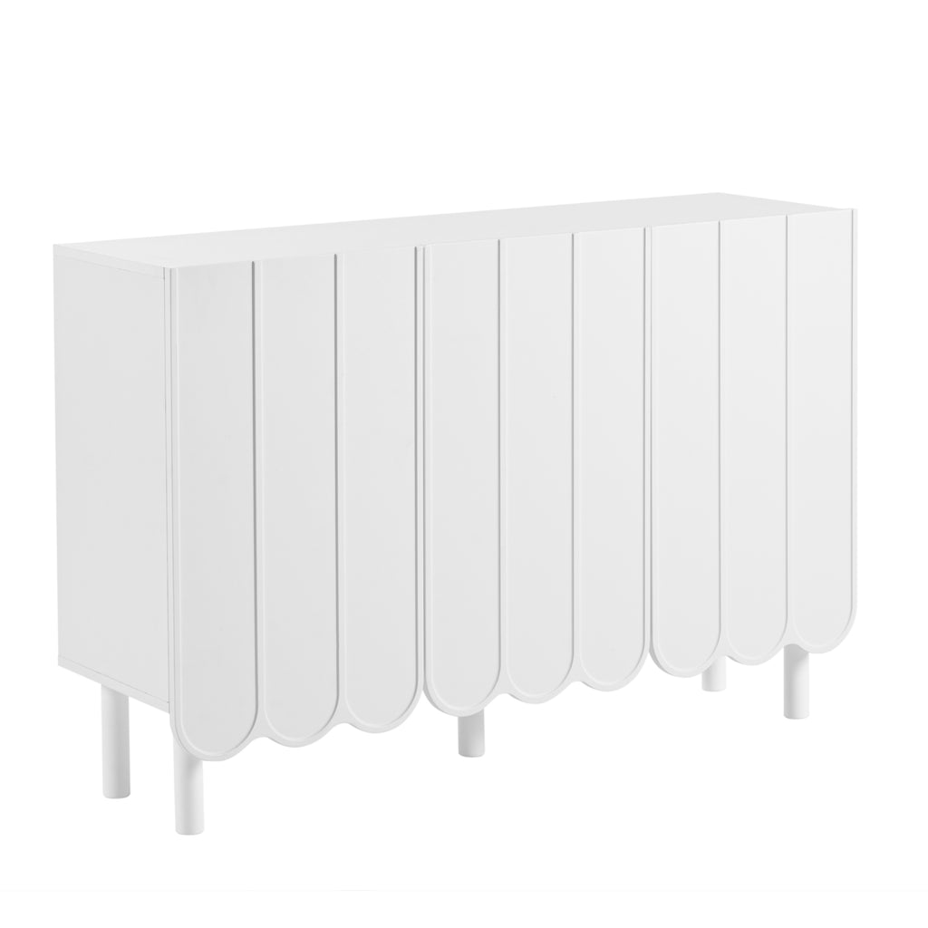ON-TREND Cream Style Minimalist Shoe Cabinet with 5 Solid Wood Legs, Sideboard Buffet Cabinet with Adjustable Shelves, Large Storage Cabinet with Wave Doors for Living Room, White