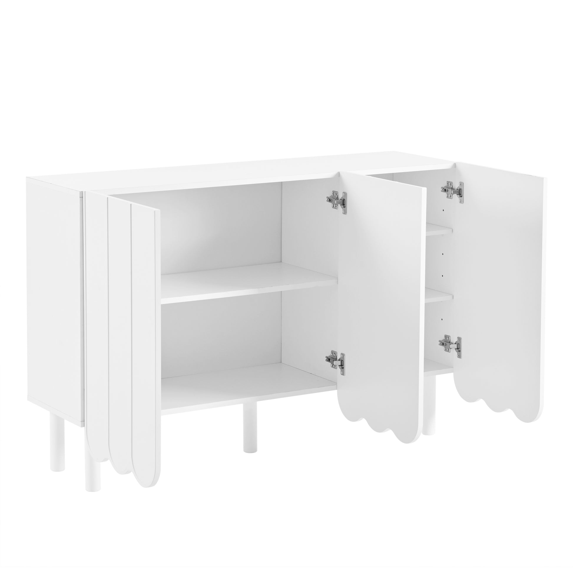 ON-TREND Cream Style Minimalist Shoe Cabinet with 5 Solid Wood Legs, Sideboard Buffet Cabinet with Adjustable Shelves, Large Storage Cabinet with Wave Doors for Living Room, White