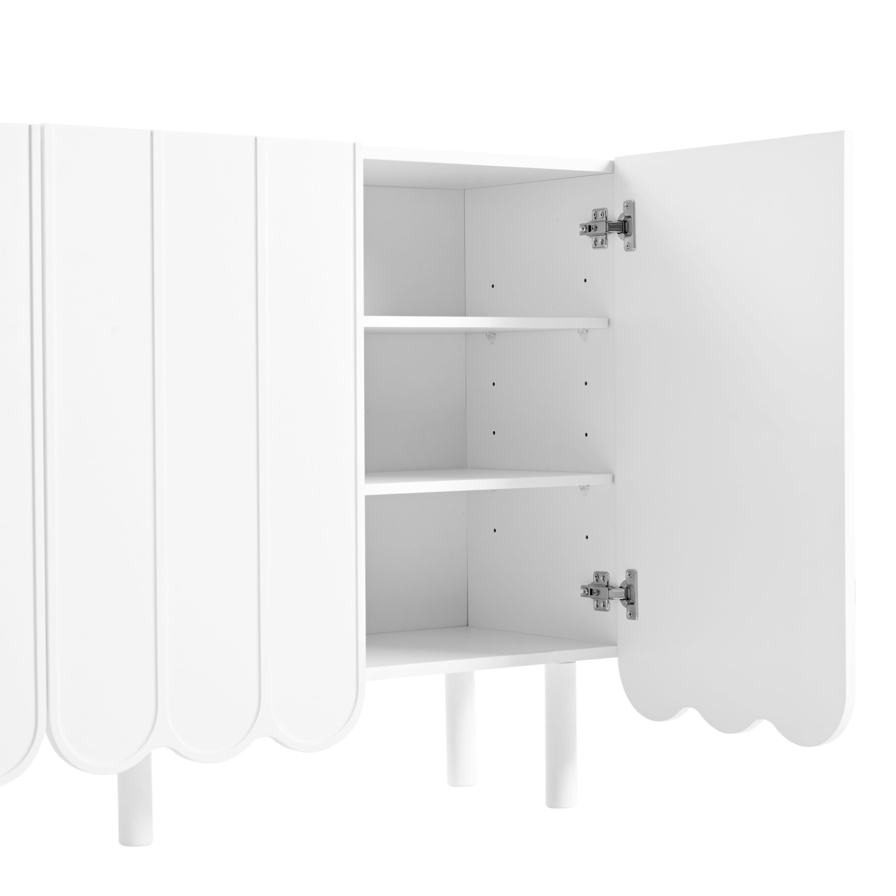 ON-TREND Cream Style Minimalist Shoe Cabinet with 5 Solid Wood Legs, Sideboard Buffet Cabinet with Adjustable Shelves, Large Storage Cabinet with Wave Doors for Living Room, White