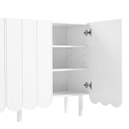 ON-TREND Cream Style Minimalist Shoe Cabinet with 5 Solid Wood Legs, Sideboard Buffet Cabinet with Adjustable Shelves, Large Storage Cabinet with Wave Doors for Living Room, White