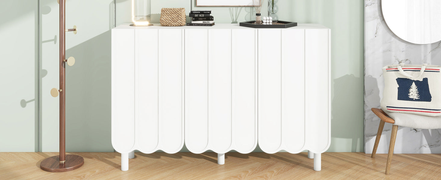 ON-TREND Cream Style Minimalist Shoe Cabinet with 5 Solid Wood Legs, Sideboard Buffet Cabinet with Adjustable Shelves, Large Storage Cabinet with Wave Doors for Living Room, White
