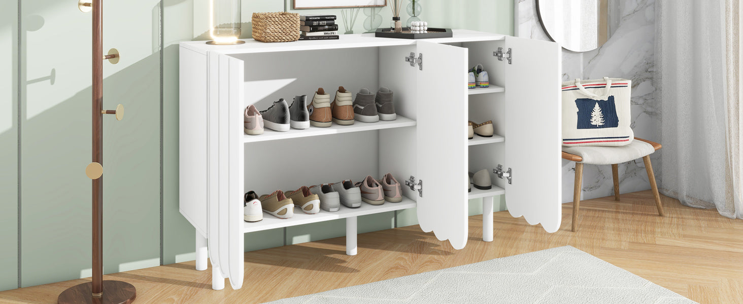 ON-TREND Cream Style Minimalist Shoe Cabinet with 5 Solid Wood Legs, Sideboard Buffet Cabinet with Adjustable Shelves, Large Storage Cabinet with Wave Doors for Living Room, White