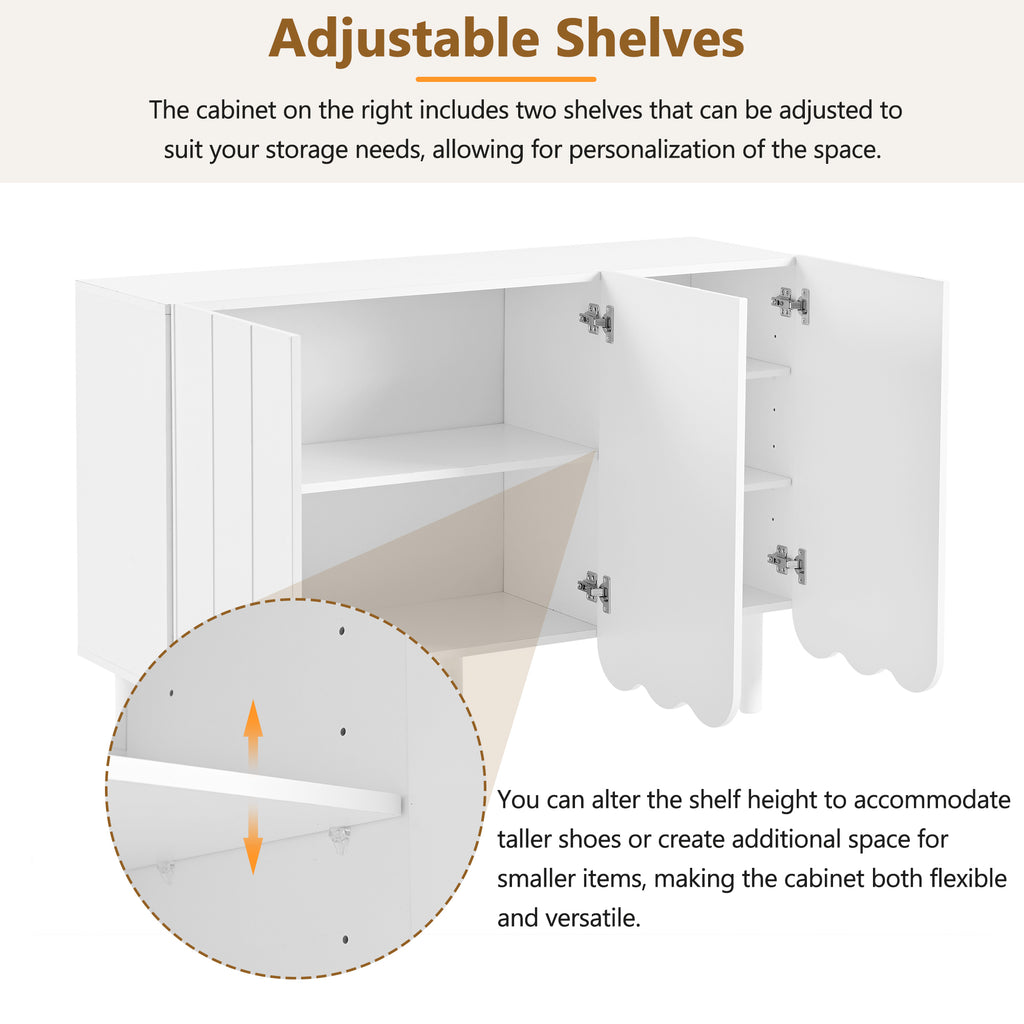 ON-TREND Cream Style Minimalist Shoe Cabinet with 5 Solid Wood Legs, Sideboard Buffet Cabinet with Adjustable Shelves, Large Storage Cabinet with Wave Doors for Living Room, White