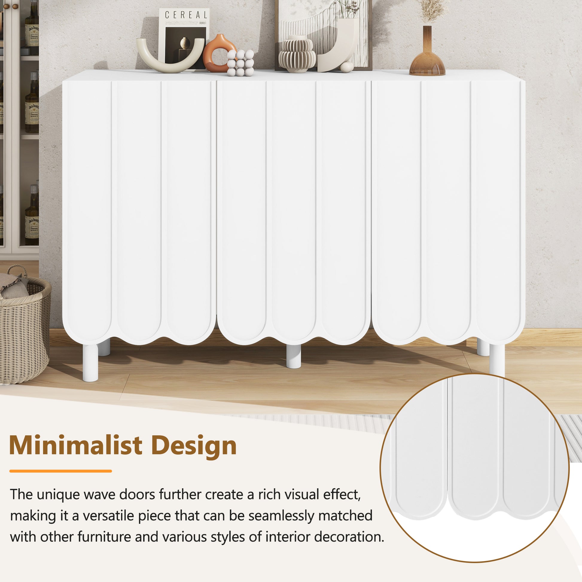 ON-TREND Cream Style Minimalist Shoe Cabinet with 5 Solid Wood Legs, Sideboard Buffet Cabinet with Adjustable Shelves, Large Storage Cabinet with Wave Doors for Living Room, White