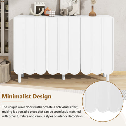 ON-TREND Cream Style Minimalist Shoe Cabinet with 5 Solid Wood Legs, Sideboard Buffet Cabinet with Adjustable Shelves, Large Storage Cabinet with Wave Doors for Living Room, White