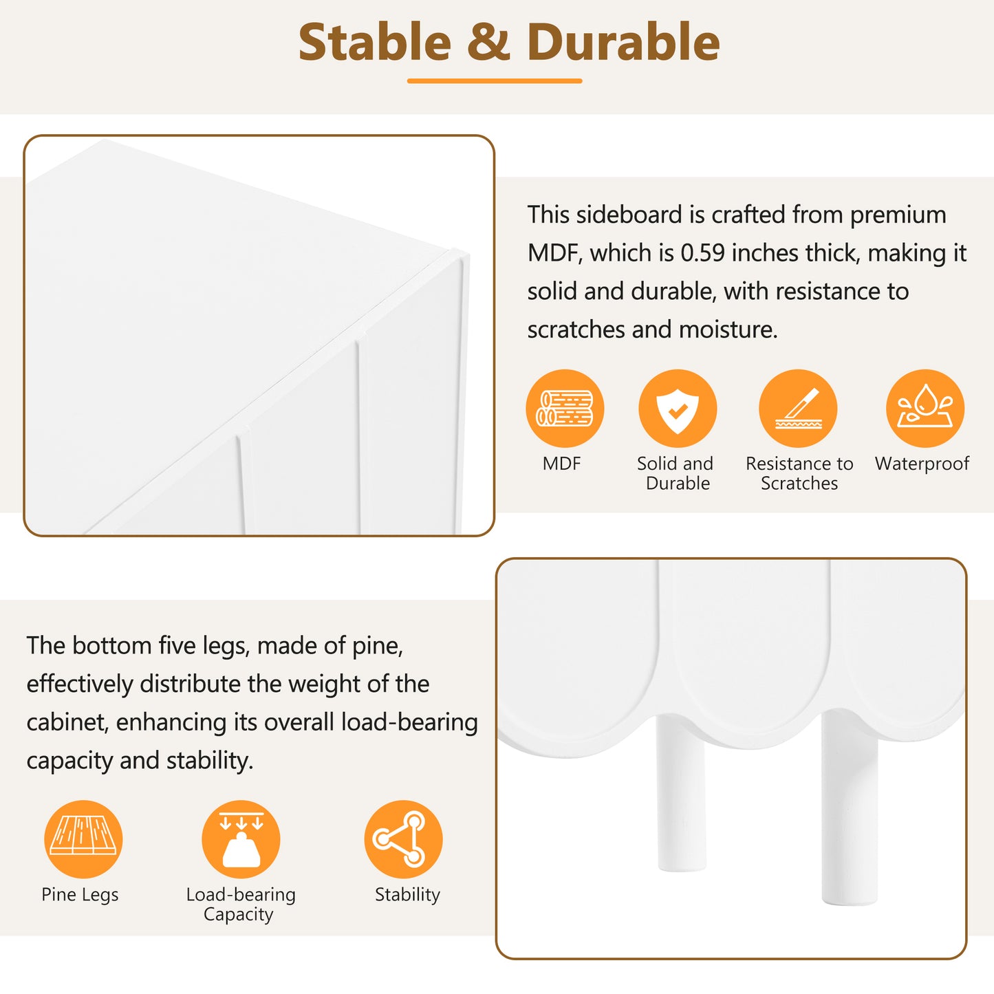 ON-TREND Cream Style Minimalist Shoe Cabinet with 5 Solid Wood Legs, Sideboard Buffet Cabinet with Adjustable Shelves, Large Storage Cabinet with Wave Doors for Living Room, White