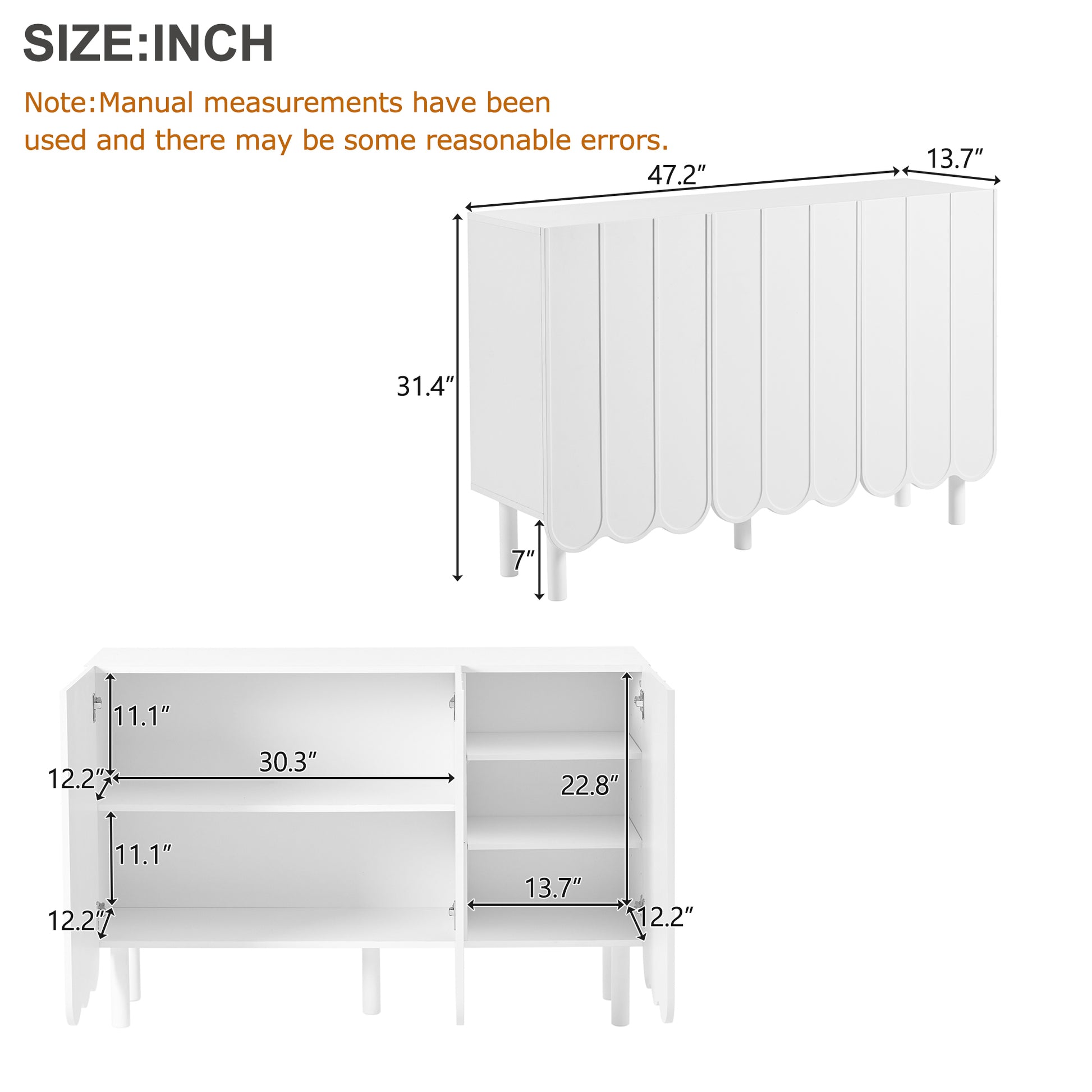 ON-TREND Cream Style Minimalist Shoe Cabinet with 5 Solid Wood Legs, Sideboard Buffet Cabinet with Adjustable Shelves, Large Storage Cabinet with Wave Doors for Living Room, White