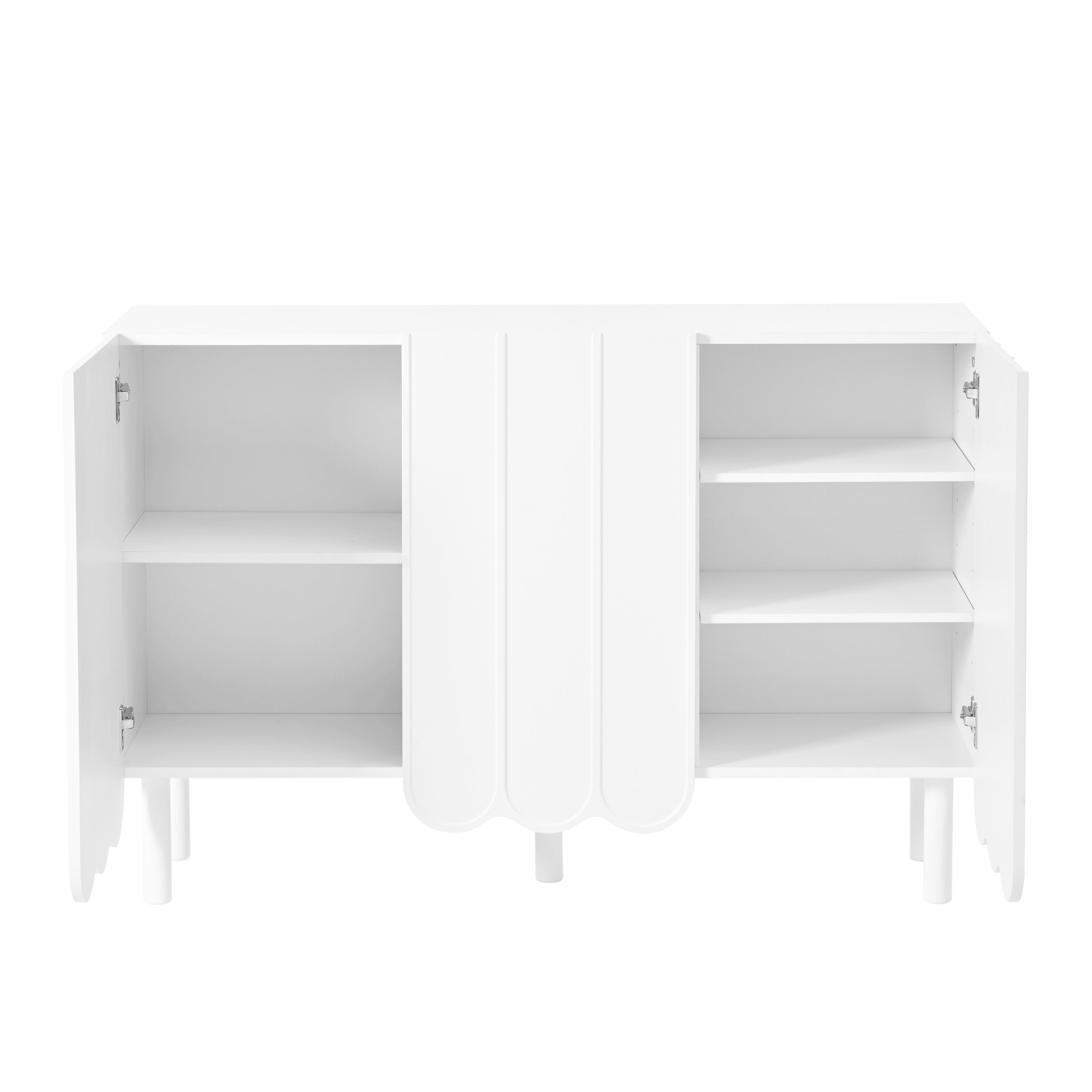 ON-TREND Cream Style Minimalist Shoe Cabinet with 5 Solid Wood Legs, Sideboard Buffet Cabinet with Adjustable Shelves, Large Storage Cabinet with Wave Doors for Living Room, White