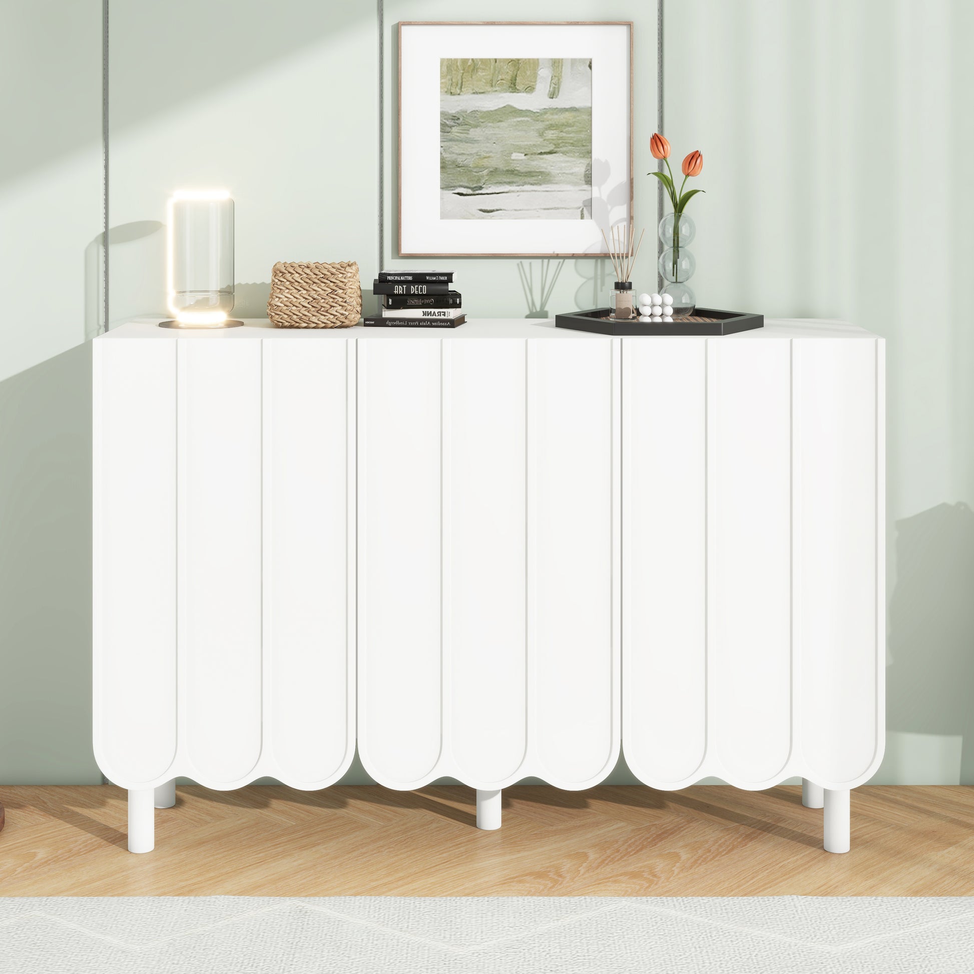 ON-TREND Cream Style Minimalist Shoe Cabinet with 5 Solid Wood Legs, Sideboard Buffet Cabinet with Adjustable Shelves, Large Storage Cabinet with Wave Doors for Living Room, White