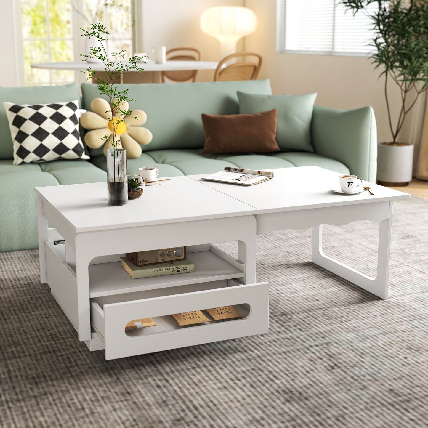 3 in 1 deformed Coffee Tables with Storage Cabinet for Living Room, Coffee Table with for Dining Room
