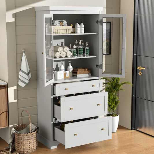 70.1' Modern High Freestanding Tall Bathroom Cabinet with 2 Adjustable Shelves, 3 Drawers, Soft Close Glass Doors – Ideal for Bathroom, Living Room, Kitchen Storage