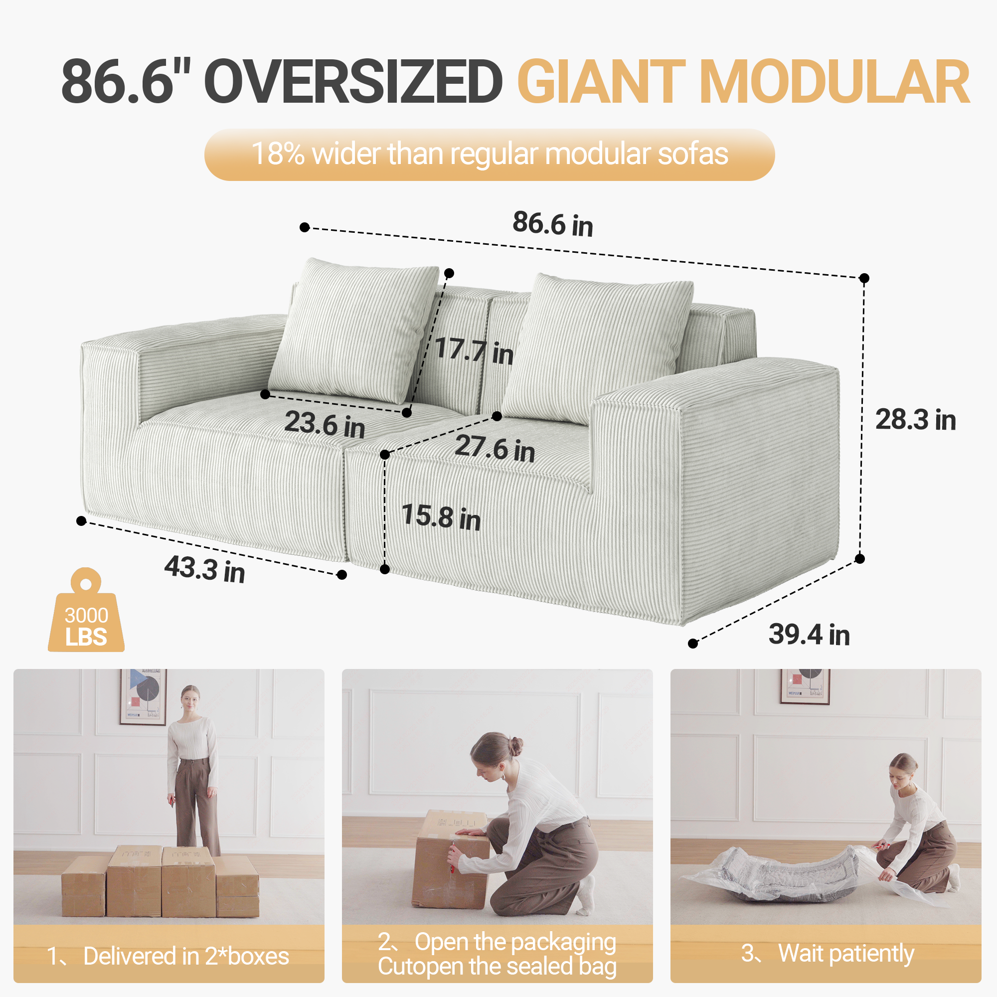 modular sofa can be converted into an oversized sofa bed Free conversion sofa set flexible configuration, soft corduroy cloud velvet fabric two person combination-white