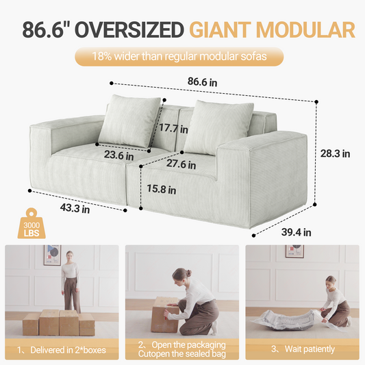 modular sofa can be converted into an oversized sofa bed Free conversion sofa set flexible configuration, soft corduroy cloud velvet fabric two person combination-white